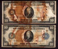 Fr.919a & 927a, Two damaged 1914 $10 Federal Reserve Notes, Cleveland and Atlanta